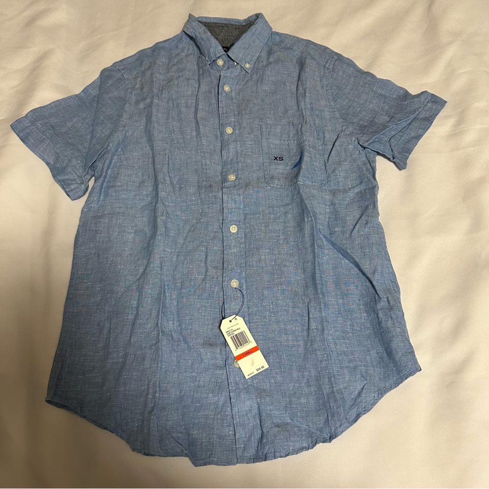 Nautica women’s Light Blue Casual Button Down Shirt 100% linen size XS NWT